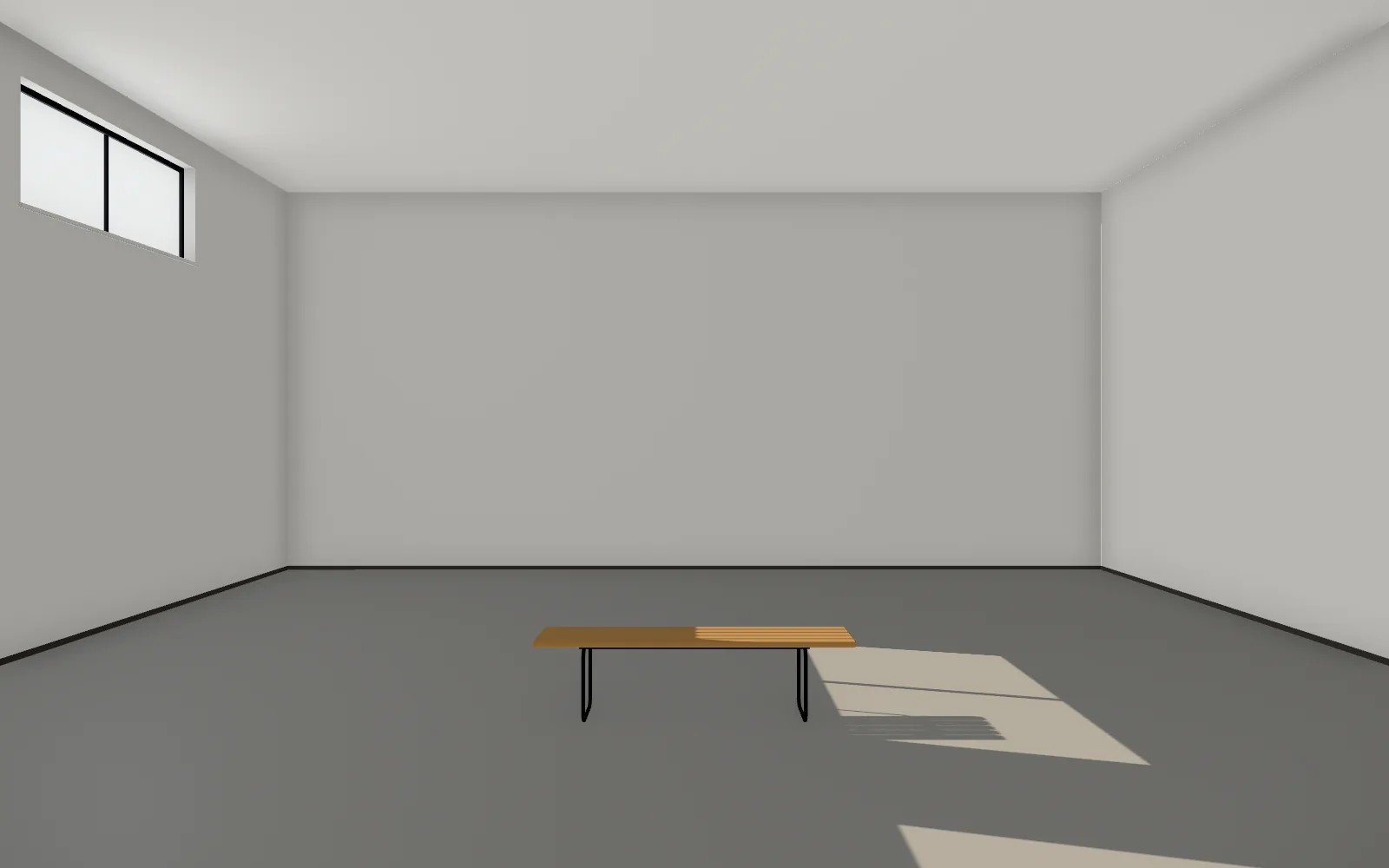 The camera has come down out of the plan into the main gallery: white walls, a pale resin floor, daylight from a clerestory.