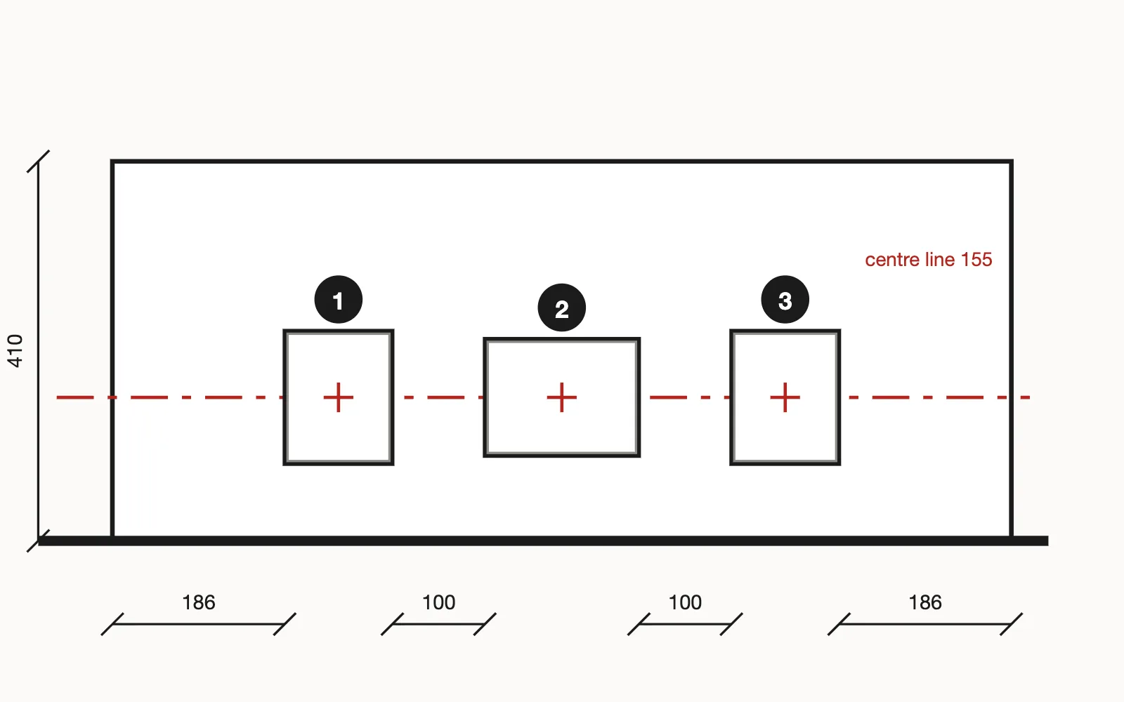 The wall's installation elevation, as Plann.art draws it: the wall to scale, the work on its centre line, the dimensions along the floor.