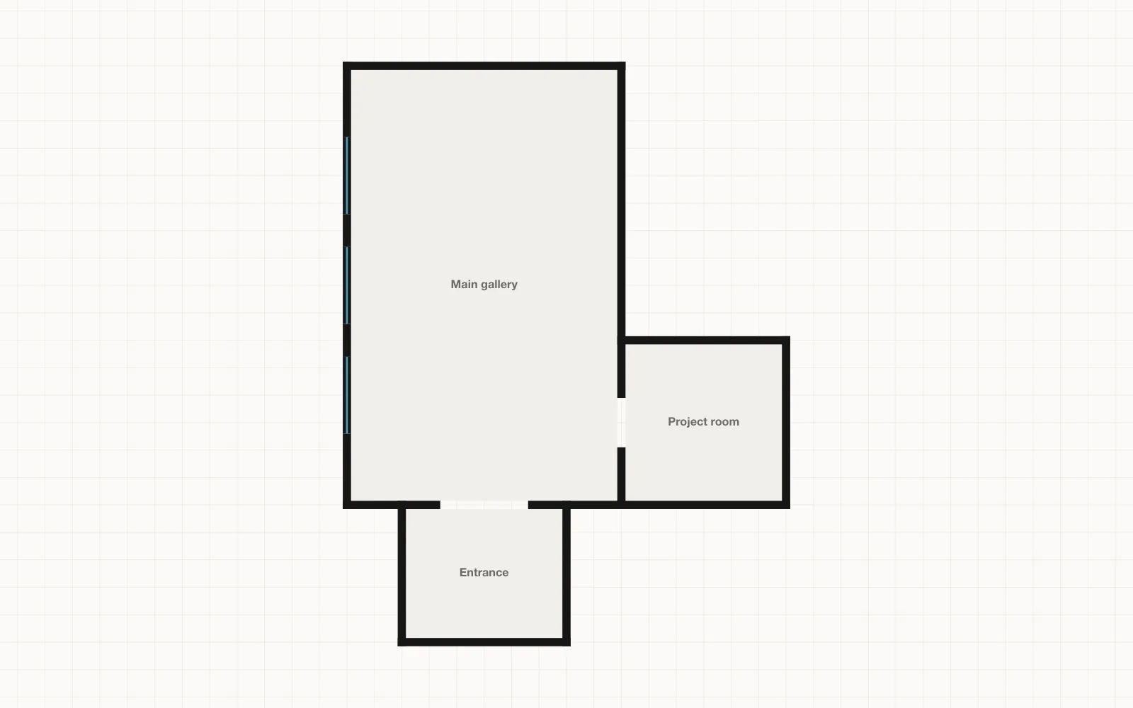 The starting gallery as Plann.art draws its plan: a long main gallery, an entrance at its east end and a project room off its north side.
